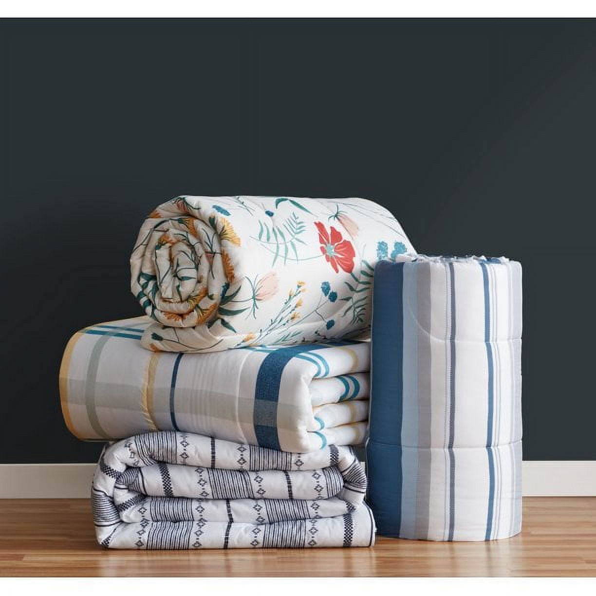 Mainstays Blue Plaid 4 Piece Bed in a Bag Comforter Set with Sheets, Full