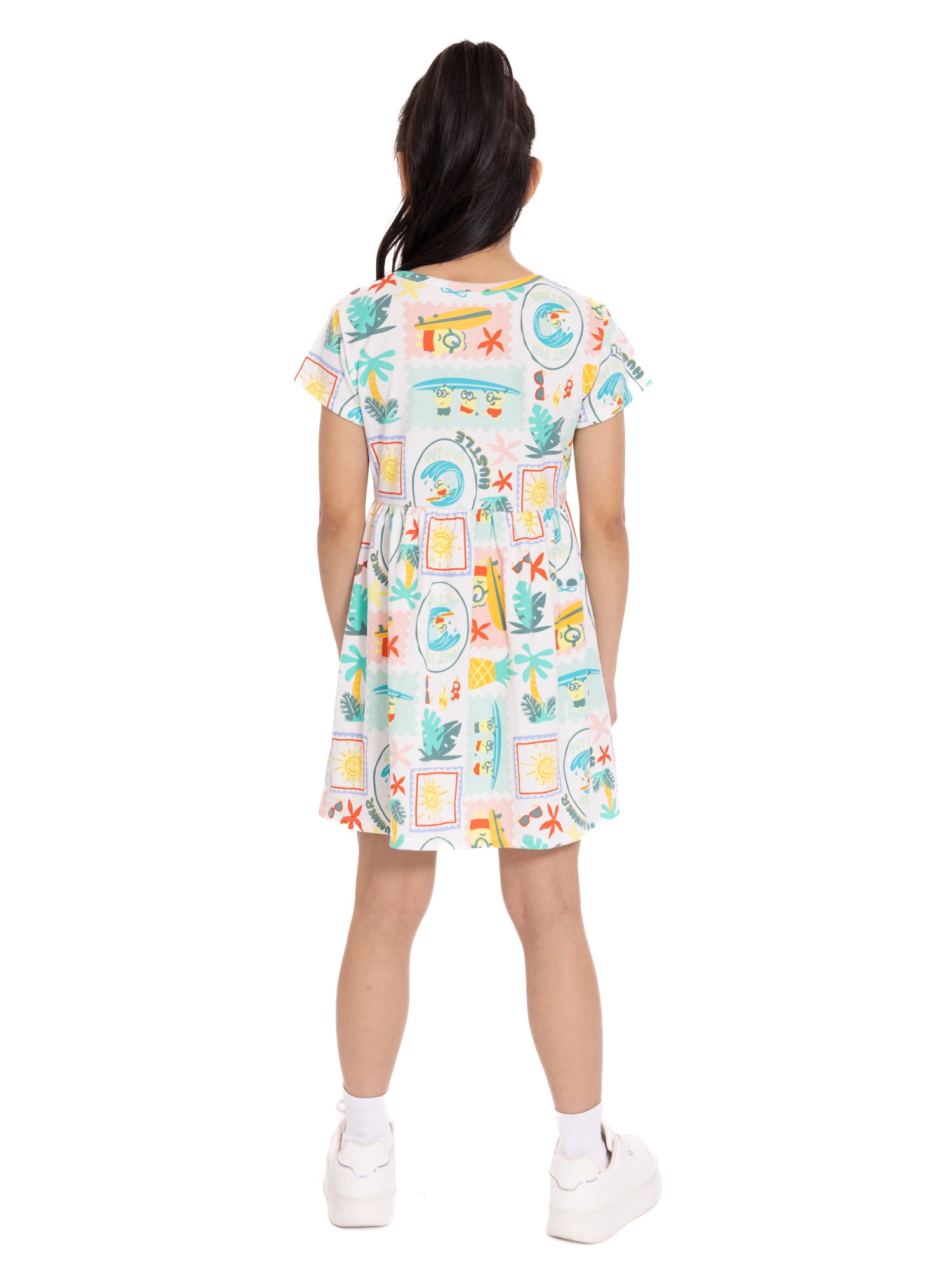 Minions Girls Allover Print Dress with Short Sleeves, Sizes 4-12