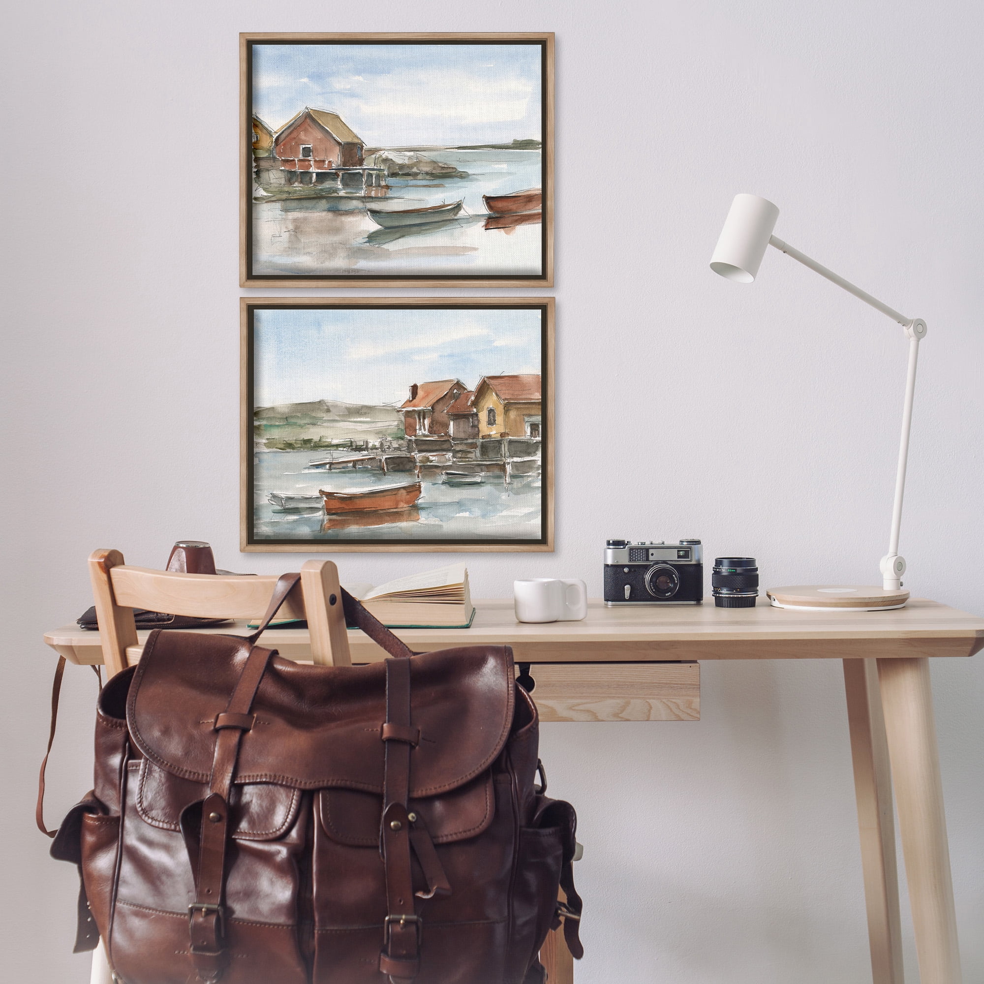 Stupell Industries Coastal Shack Landscape Landscape Painting Brown Floater Framed Canvas Art Print Wall Art, 21 x 17, Set of 2