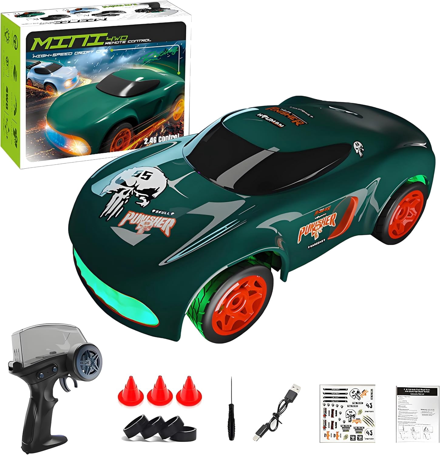 Desktop Mini RC Drift Car, 4WD High Speed 1/64 Scale Remote Control Car with Colors LED Lights, Mini Sport Race Cars for Adult