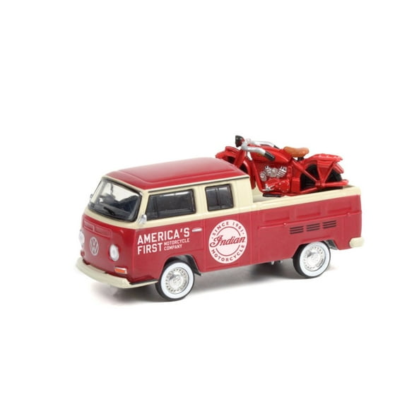 1968 Volkswagen Type 2 Double Cab Pickup Truck and 1920 Indian Scout Motorcycle, Red - Greenlight 36030A/48 - 1/64 scale Diecast Model Toy Car