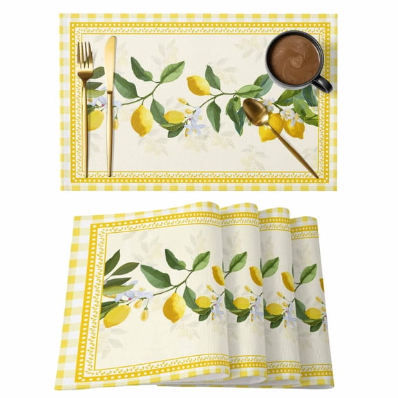 Yellow Lemons Placemats Set of 8, Summer Botanical Checkered Farmhouse Placemats for Dining Table, Place Mats for Kitchen Tabletop, Waterproof Wipeable Dining Table Mats Set