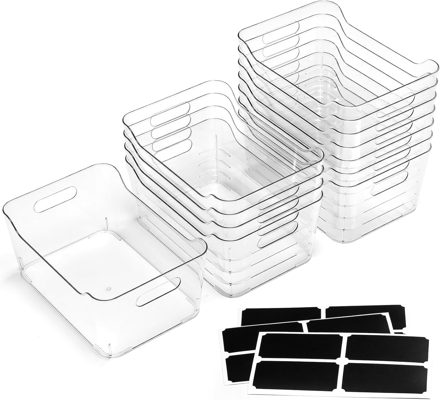 12 PACK Multi-Use Clear Plastic Storage Bins for Organizing w/Labels - Home, Kitchen, Pantry, Bathroom, Office, Cabinet Shelf Organizer Bins  Collection, RV, Fridge Organization Containers - L