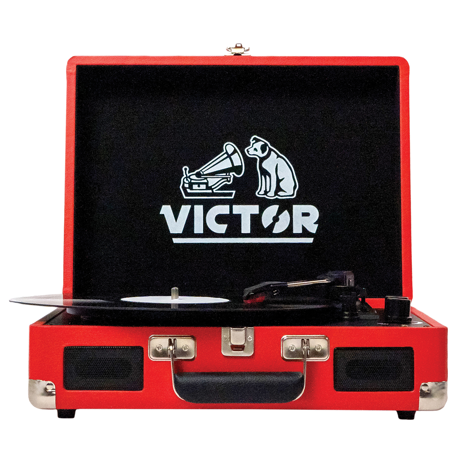 Victor 2-Watt Metro 3-Speed Belt-Drive Manual Suitcase Turntable with Built-in Speakers, Bluetooth In/Out, Aux In, and 45-RPM Adapter , Red