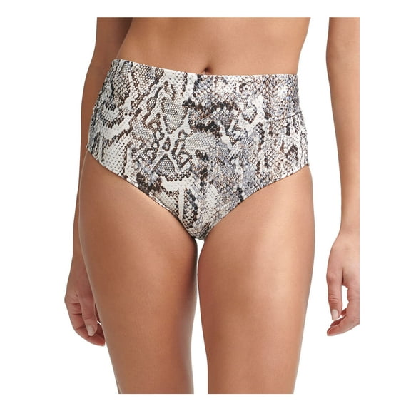 CALVIN KLEIN Women's Beige Snake Print Stretch Ruched Wide Band Convertible UV Protection High Waisted Swimsuit Bottom XS