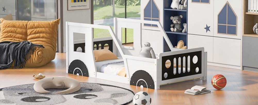 Twin Size | Fun Car Design Bed on Wheels & MDF Frame - White