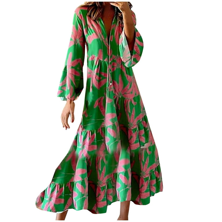 Wycnly Dresses for Women 2024 Plus Size Flowy Ruffle Swing Button Down  Beach Dresses Long Sleeve V-Neck Floral Print Summer Maxi Sun Dress Green  XL