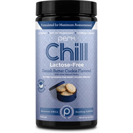 Perk Chill Lactose-Free Drink Mix (18 Servings) Danish Butter Cookie - Holiday Edition - 5g of Protein, 50% DV Magnesium, 1,000mg L-Glycine, Gluten-Free, Peanut-Free, Soy-Free