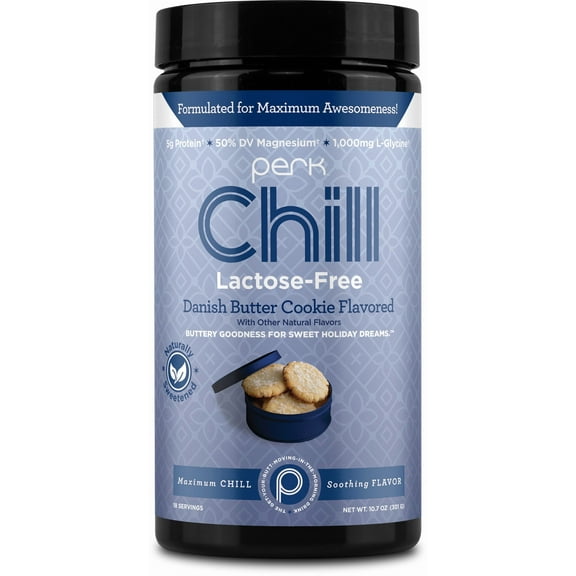 Perk Chill Lactose-Free Drink Mix (18 Servings) Danish Butter Cookie - Holiday Edition - 5g of Protein, 50% DV Magnesium, 1,000mg L-Glycine, Gluten-Free, Peanut-Free, Soy-Free