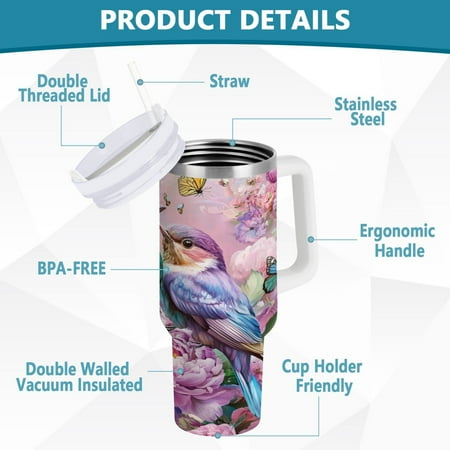 

YAZAOO Tumbler 40oz Insulated Stainless Creative Birds and Flowers. Pattern Steel Water Bottles