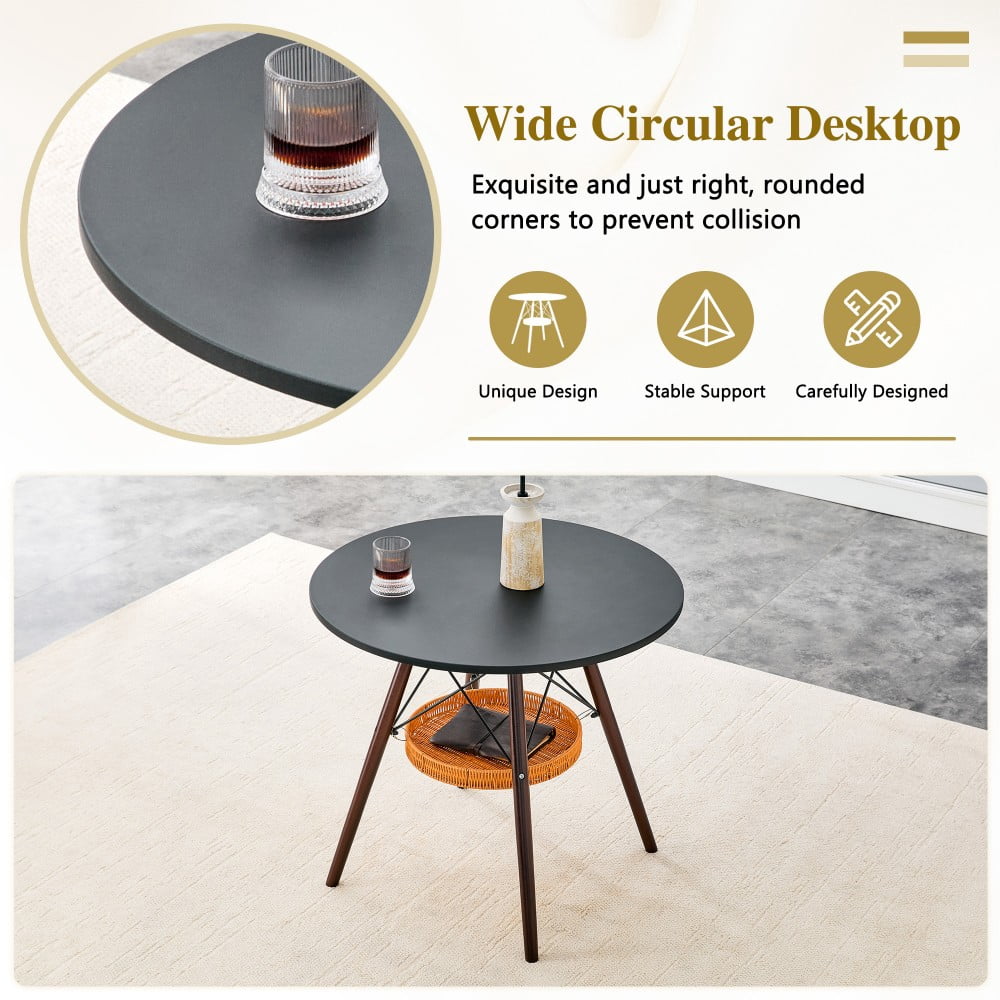 31.5" Round Dining Table, Black MDF Vacuum-Formed Tabletop with Walnut Solid Wood Legs, Woven Storage Basket, Modern Kitchen Table for 2-4
