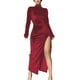 thumbnail image 1 of Gibobby Vestido sexy para fiesta Vestido de terciopelo largo de manga larga con cuello para mujer Vestido con abertura plisada entallada sexy(Rojo,M), 1 of 4
