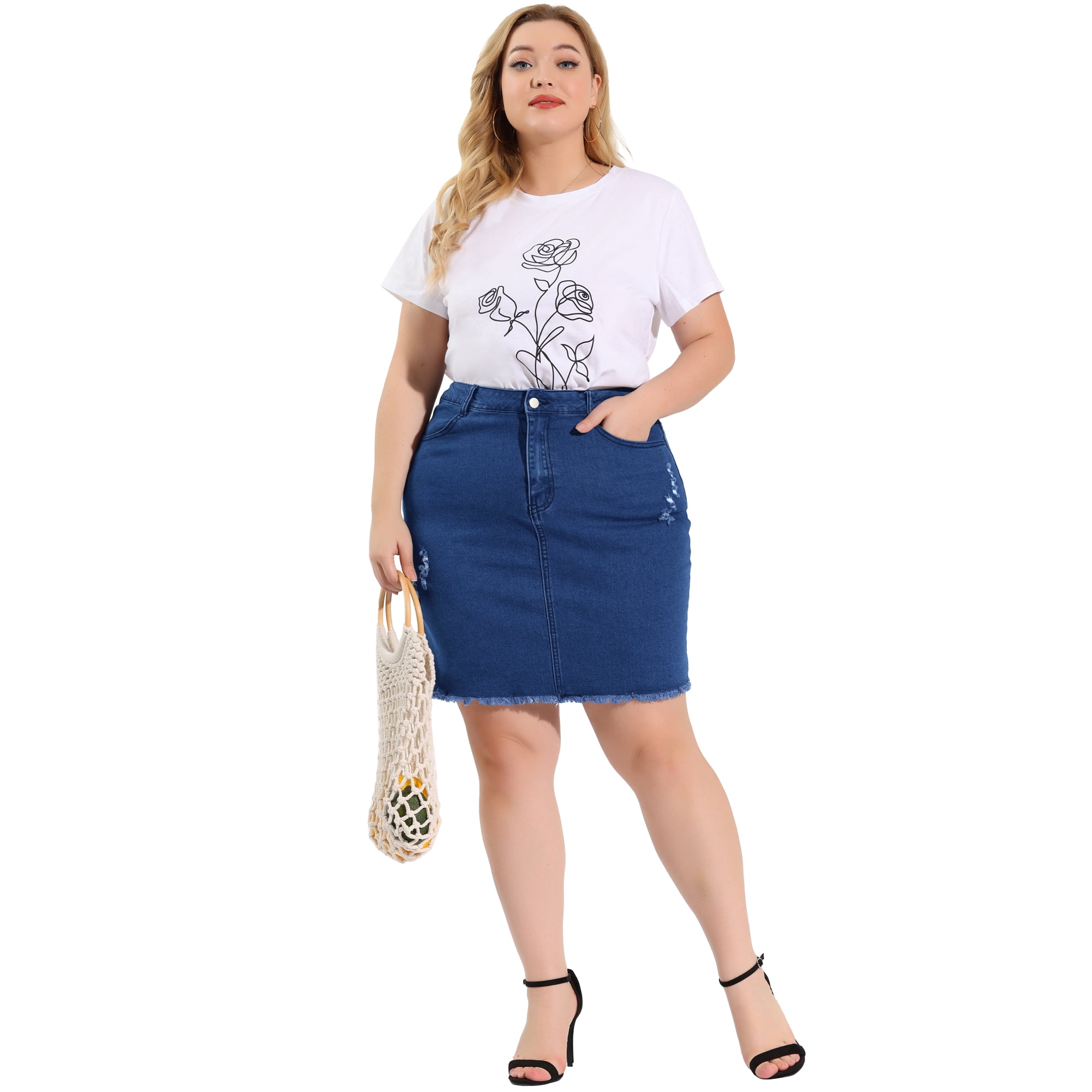 Unique Bargains Women s Plus Size Skirts Casual Pockets Pencil Ripped Denim Skirt Blue 4X