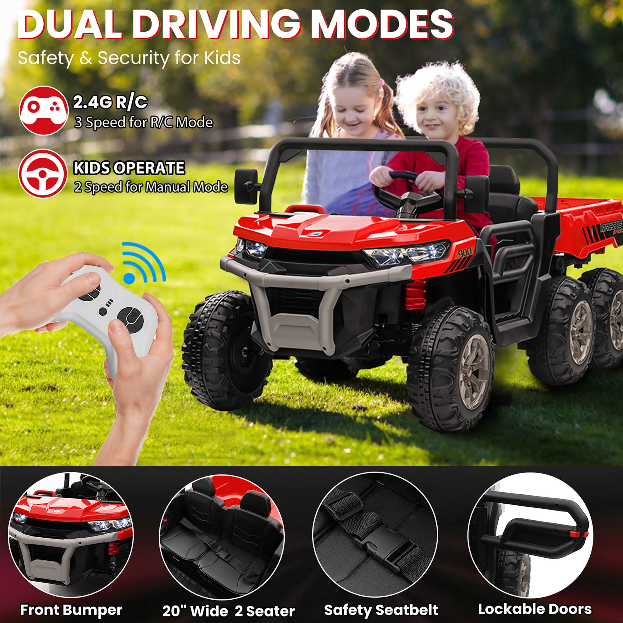 Joyracer 4x4 24V Ride on Dump Truck with Remote Control, Electric Powered 6-Wheel UTV Car, 2 Seater Kids Ride on Toys w/ Tipping Bucket Trailer, Shovel, Spring Suspension, Bluetooth Music, Red
