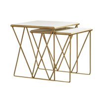 2 Piece Marble Top Nesting Table with Geometric Base White and Gold - Saltoro Sherpi