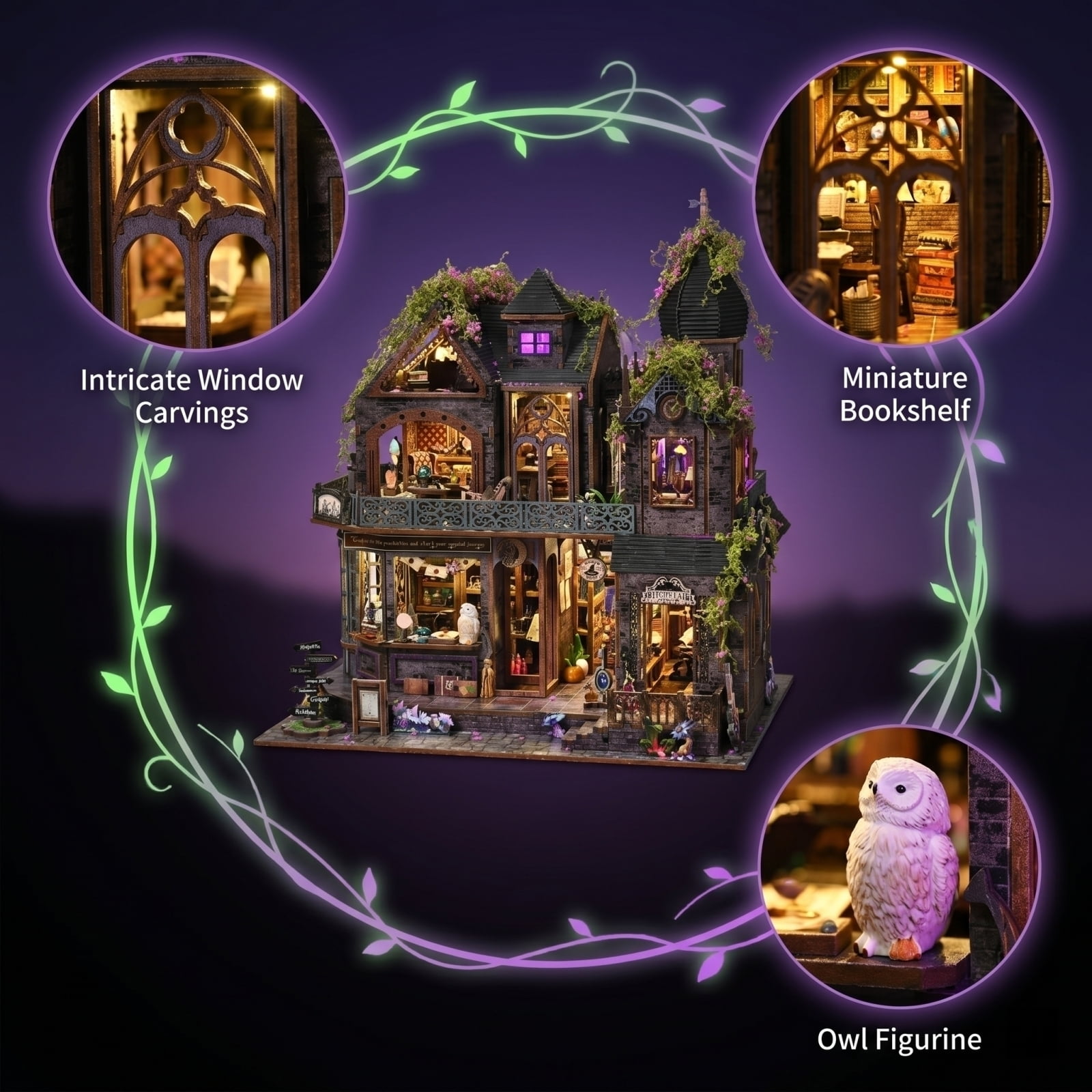 DIY Miniature House Kit for Adults Build‑Your‑Own Gothic Witch Magic Castle Dollhouse Wooden 3D Diorama Puzzle Kit with Touch‑Sensor LED Light and Music Box Gift for Craft Enthusiasts