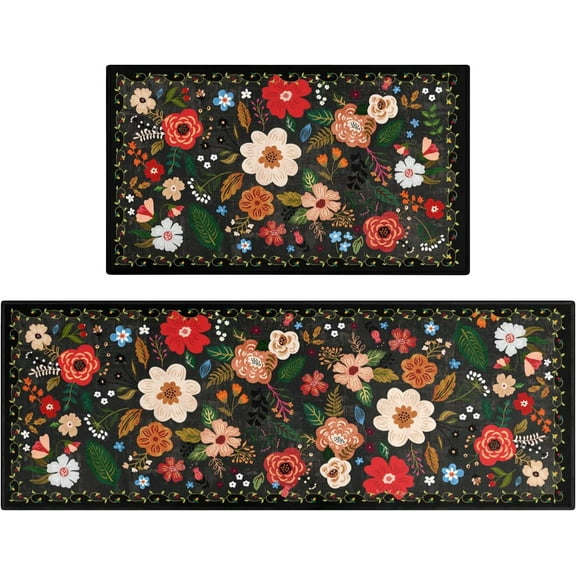Boho Floral Kitchen Mat Set of 2,Modern Farmhouse Kitchen Rugs and Mats Non Skid Washable,Bohemian Kitchen Runner Rugs with Rubber Backing (Black 17"x47" 17"x30")