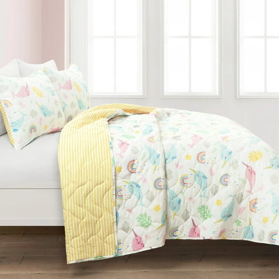 Lush Decor Magical Narwhal Reversible Oversized Quilt White/Multi 3Pc Set Full/Queen