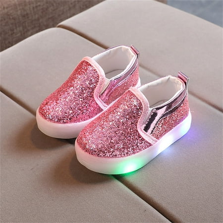Hinvhai Toddler Girl s Light Up Sequins Slip On Loafers Casual Fashion Classic Flashing LED Shoes Soft Sole Comfortable Solid Color Flat Sneakers Pink 1 Years