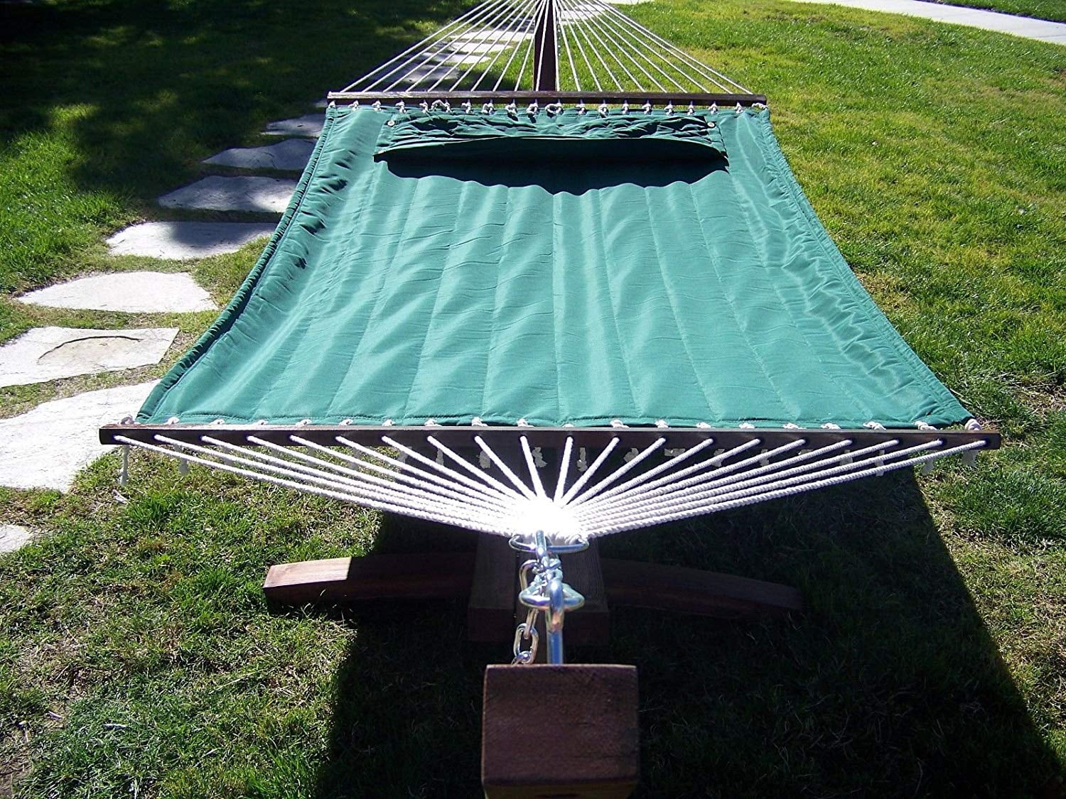 Petra Leisure 14 Ft. Coffee Stain Wooden Arc Hammock Stand + Deluxe Quilted Elegant Hunter Green, Double Padded Hammock Bed w/Pillow. 2 Person Bed. 450 LB Capacity&nbsp;