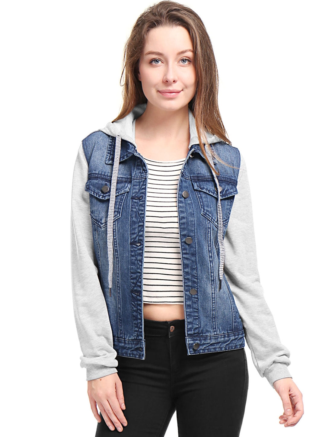Allegra K Womens Layered Drawstring Hood Denim Jacket w Pockets