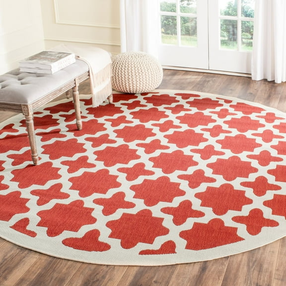 SAFAVIEH Courtyard Amanda Geometric Indoor/Outdoor Area Rug, 7'10" x 7'10" Round, Red/Bone