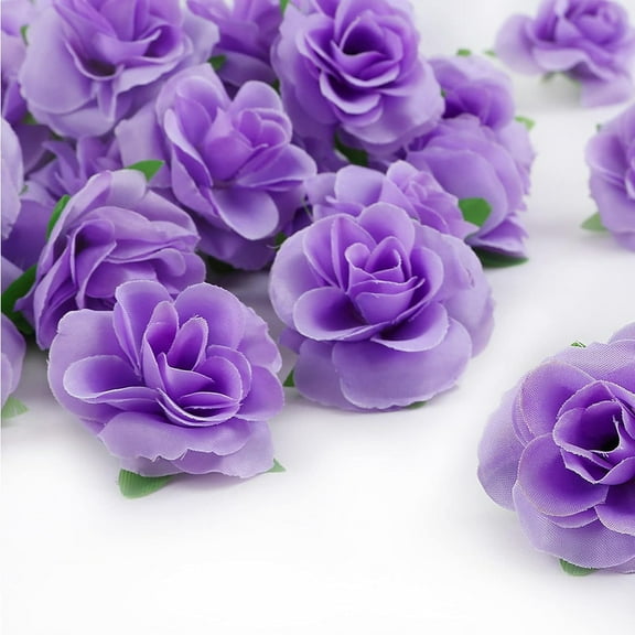 Vorkoi 50pcs Purple Roses Artificial Flowers Bulk, 1.6" Small Silk Fake Roses Flower Heads for Decoration, Crafts, Wedding Centerpieces Bridal Shower Party Home Decor