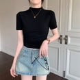 thumbnail image 3 of Camisetas de manga corta para mujer, Tops de Cuello medio alto informales de estilo coreano, Camiseta de punto delgado con cuello redondo para niña 2024, 3 of 4