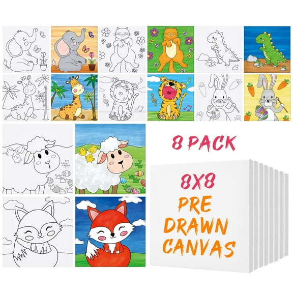 VOCHIC 8 Pack Pre Drawn Canvas for Painting, 8" X 8" Cute Animals Painting Canvas Bulk, Art Canvases for Painting for Kids Students School Home, Easter Gifts (No Acrylic Paint)