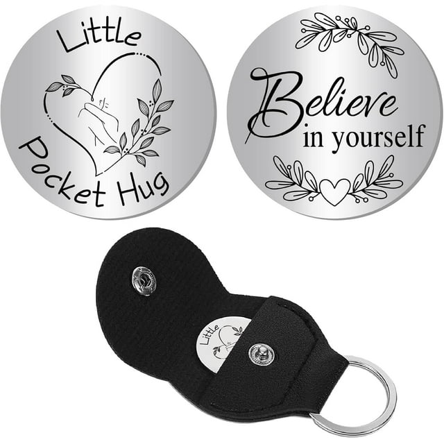 Heart Little Pocket Hug Token Leather Pocket Keychain Pocket Hug Token Keychain Double-Sided Message Engraved Souvenir Round Stainless Steel Commemorative Coin 1.2 x 1.2Inch