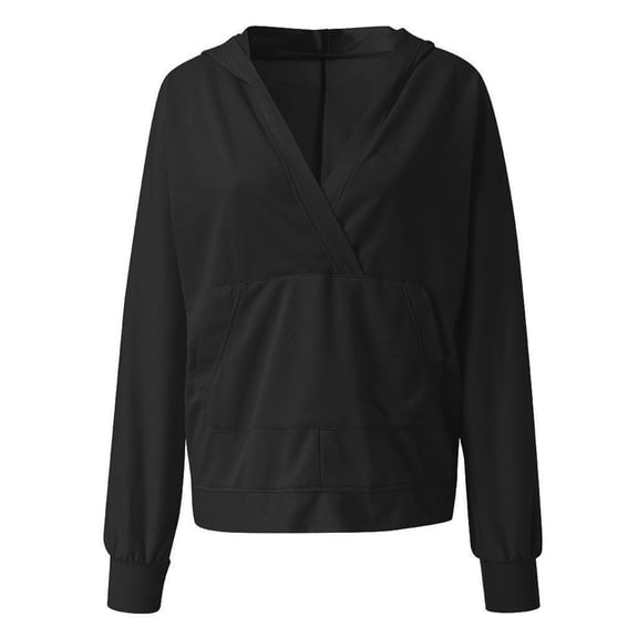 ManxiVoo Oversized V Neck Pocket Hoodie Women's Long Sleeve Sweatshirt Cozy Pullover for Spring and Fall L Size Black