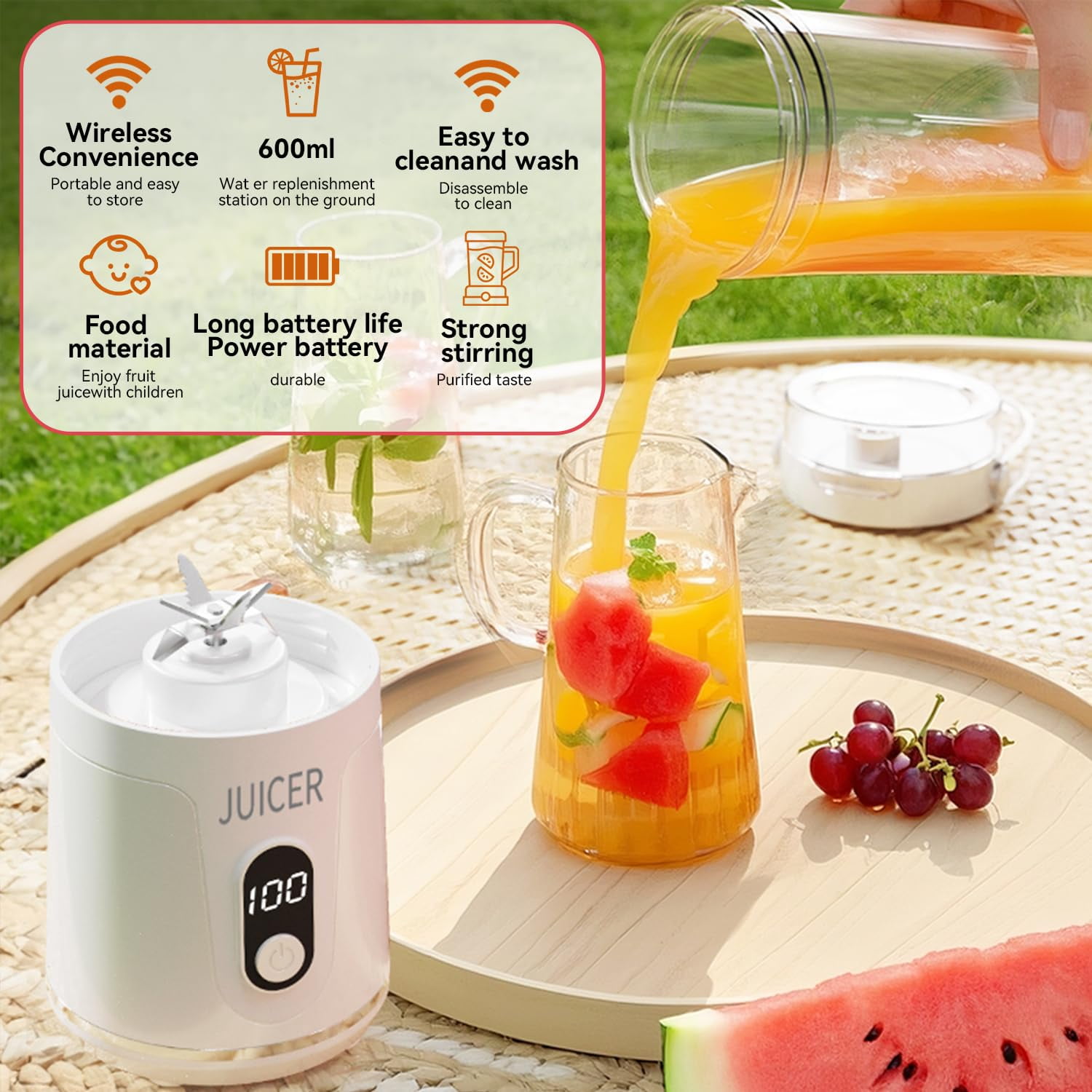 White Portable Cordless Smoothie Blender, USB Rechargeable Personal Juicer with Leakproof Lid & Sip Spout, Self-Cleaning Mixer for Shakes