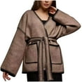 thumbnail image 1 of WRKEKC Cardigan Sweaters for Women Solid Color V-Neck Loose Color Block Mid Length Knit Open Front Coat for Fall Styling, 1 of 4