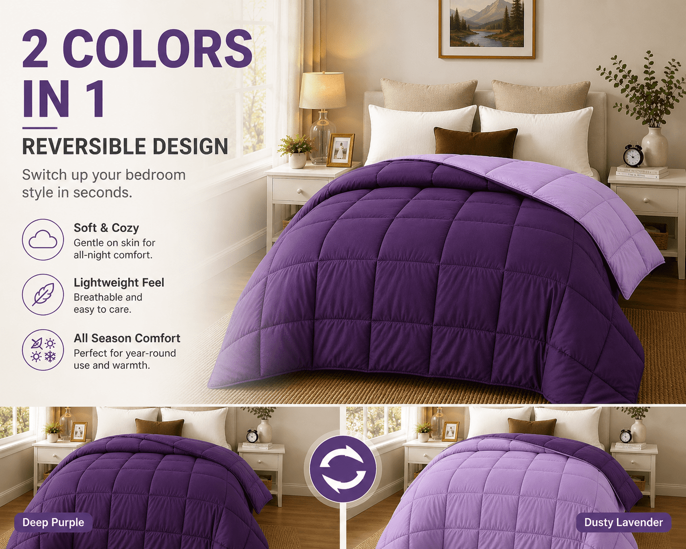 Evolive All Season Pre Washed Soft Microfiber Down Alternative Reversible Comforter with Box Stitching (Purple/Lavender, Full/Queen)
