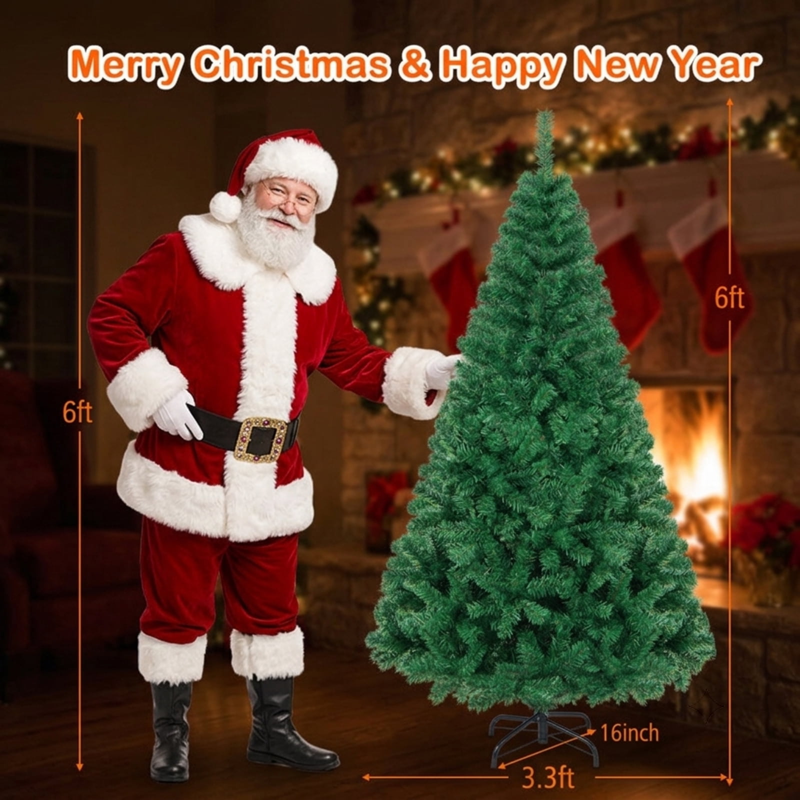 RUIE, 6 ft, Artificial Christmas Tree, with Metal Stand, 650 Branch Tips, Green Holiday Xmas Tree for Indoor Home Office Decoration