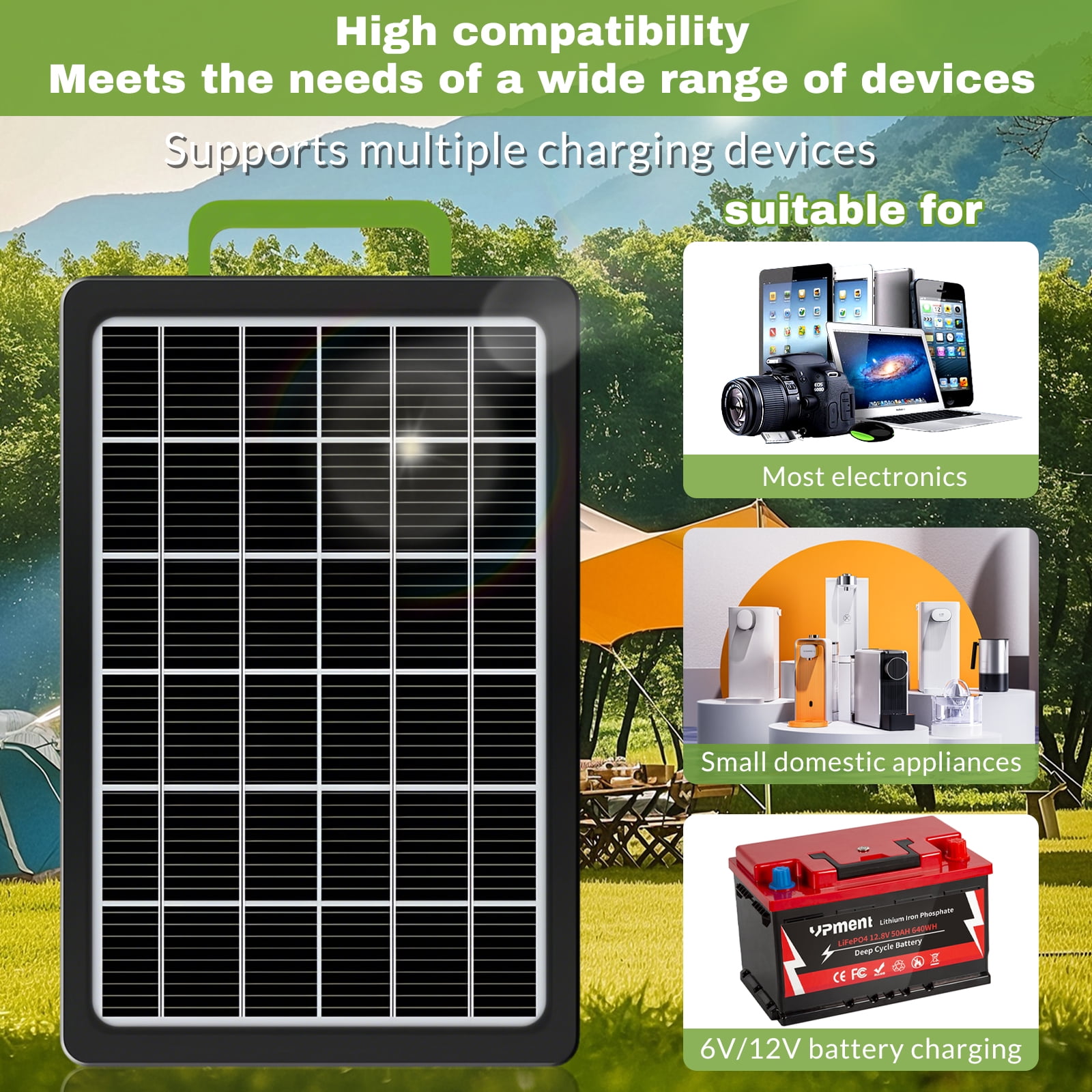Kepeak 15W Foldable Solar Panel with USB-A/USB-C, 1-to-5 Cable, and LED Light – Lightweight, Waterproof for Mobile Phones