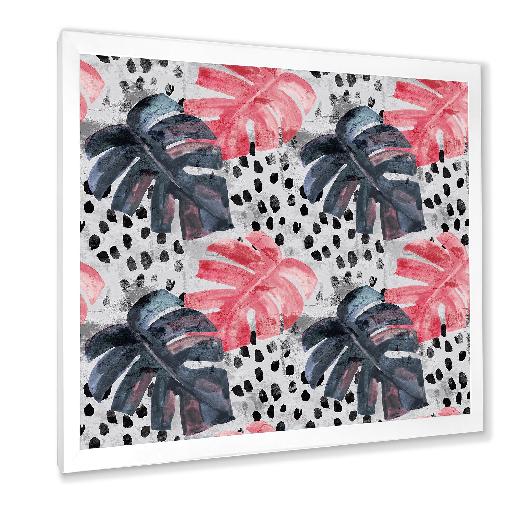 Designart 'Black and Red Monstera On Rough Brush Strokes I' Tropical Framed Art Print