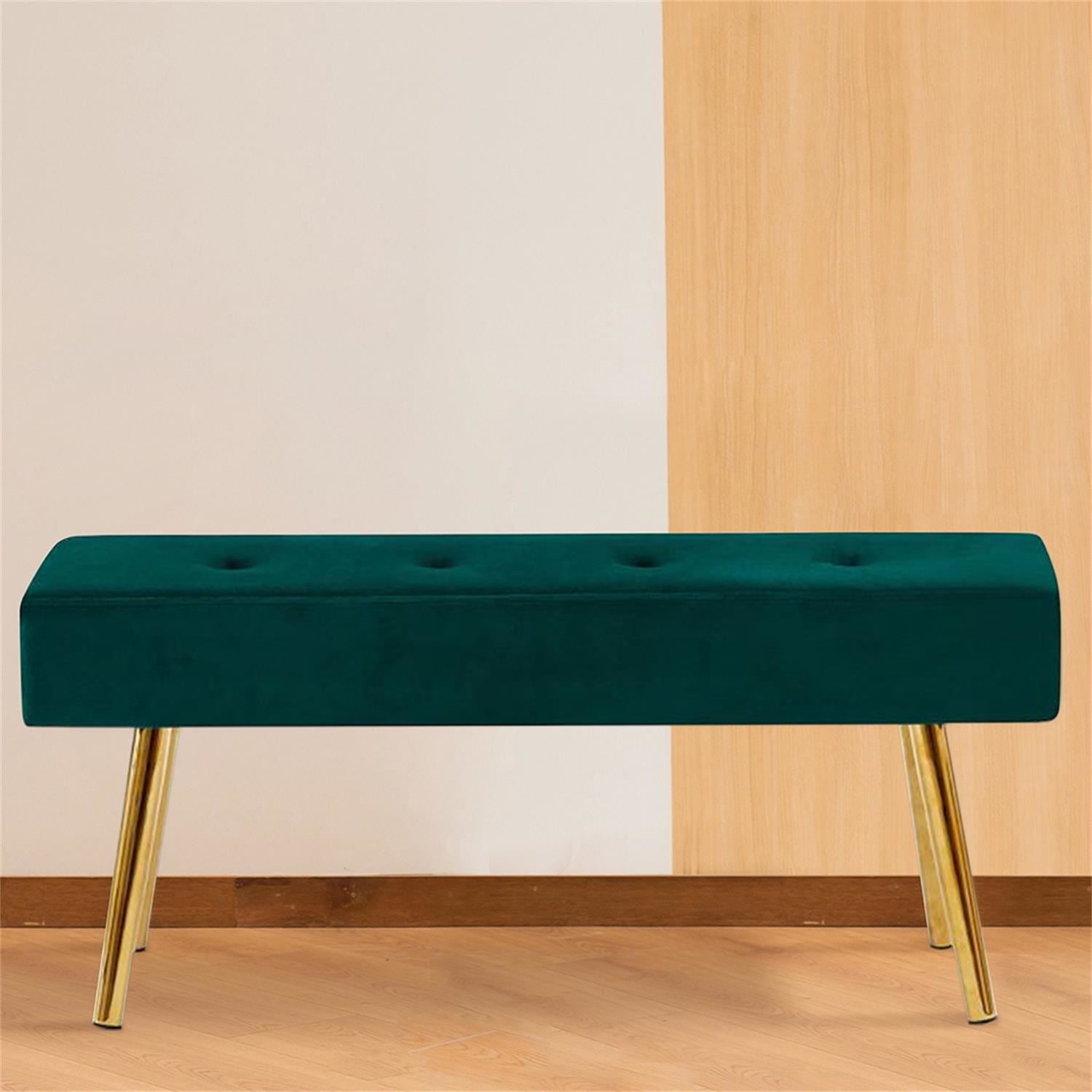 Kadyn Modern Long Bench, Velvet Bed End Stool with Gold Legs, Upholstered Bench Ottoman for Entryway and Bedroom, Dark Green