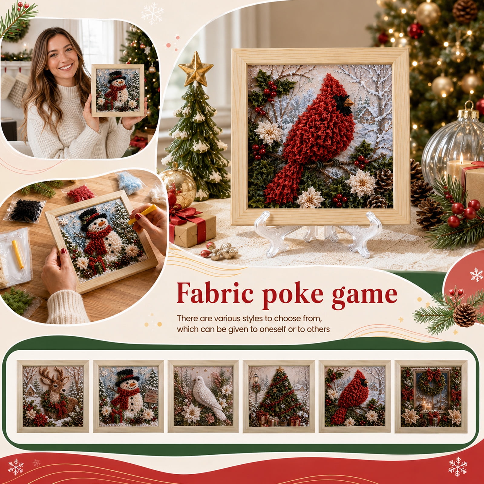 Christmas Tree 3d Fabric Poke Art Kit For Adults Winter Snowy Village Scene Poke Painting Craft Set with Wooden Frame 3D Hand‑Made Picture for Christmas Wall & Tabletop Decor Holiday DIY Gift