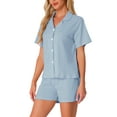 thumbnail image 4 of Womens Pajamas Set 100% Cotton Button Down Notch Collar Sleepwear Short Sleeve 2 Piece Suits with Pockets M Blue, 4 of 6
