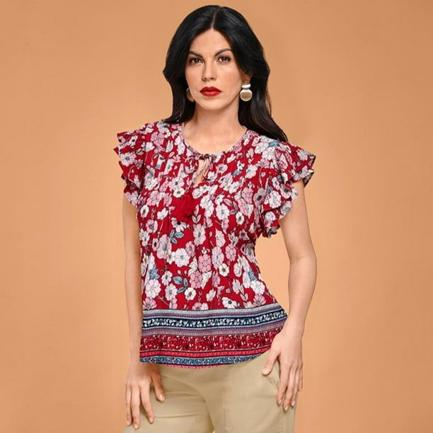 990-44 Blusa Para Dama Mujer En Color Rojo Multicolor Elaborado De Viscosa. Cklass 990-44