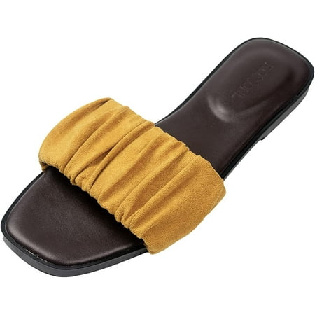 

Womens Ruched Fabric Slide Sandals Open Toe Flat Sandals with Heel Cushion