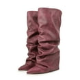 thumbnail image 2 of Xiaoxatg Women's Knee High Boots Fashion Pointed Toe Heel Stacked Folded Over Casual Dress Boots for Women On Comfortable Winter Fall Footwear 4 Wine, 2 of 9