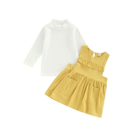 

Bagilaanoe 2Pcs Toddler Baby Girls Overalls Dress Ribbed Turtleneck Pullover Tops + Yellow Suspender Skirt