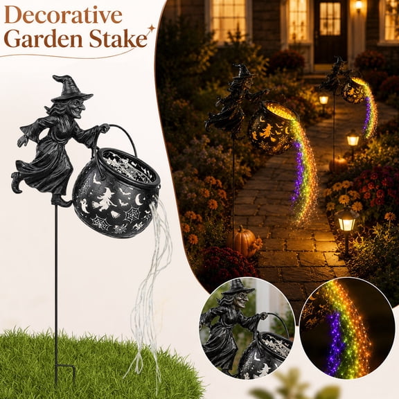 Battery Operated Witch Garden Stake Light Halloween Decor Rainbow LED Pot Outdoor Yard Lawn Ornament