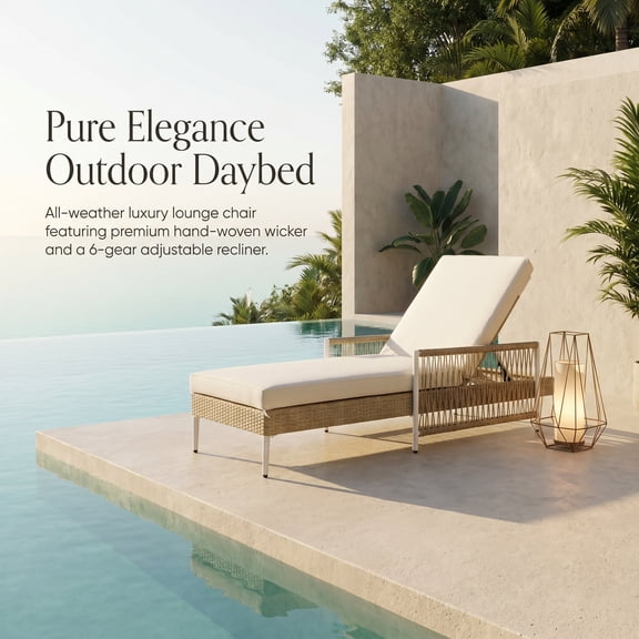 Outdoor PE Rattan Chaise Lounge Chair with Cushion, 6-Position Adjustable Patio Wicker Recliner, Beige