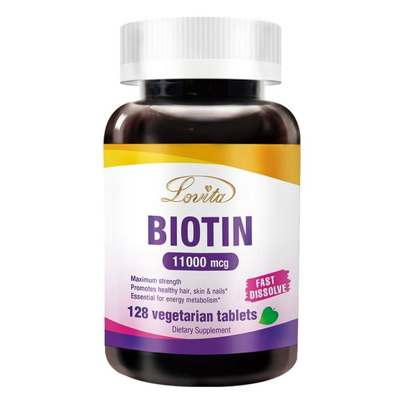 LOVITA Biotin 11,000mcg High Potency, Fast Dissolve Vitamin B7 to Support Hair, Skin & Nails – Gluten-Free, 128 Vegan Tablets