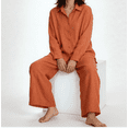 thumbnail image 2 of Amzcrzy Two Piece Sets for Women 2026 Solid Color Spring Outfits V Neck Button Down Shirt with Roll Tab Sleeves Wide Leg Pants Lounge Sets with Pockets Dressy Casual Loungewear Sets Orange L, 2 of 8