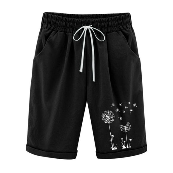 Mrat Ladies Quick Dry Pants Women's Summer Printed Five Points Large Size Cotton Linen Pants Casual Pants Shorts Women Crochet Pants S-33 Black 3XL