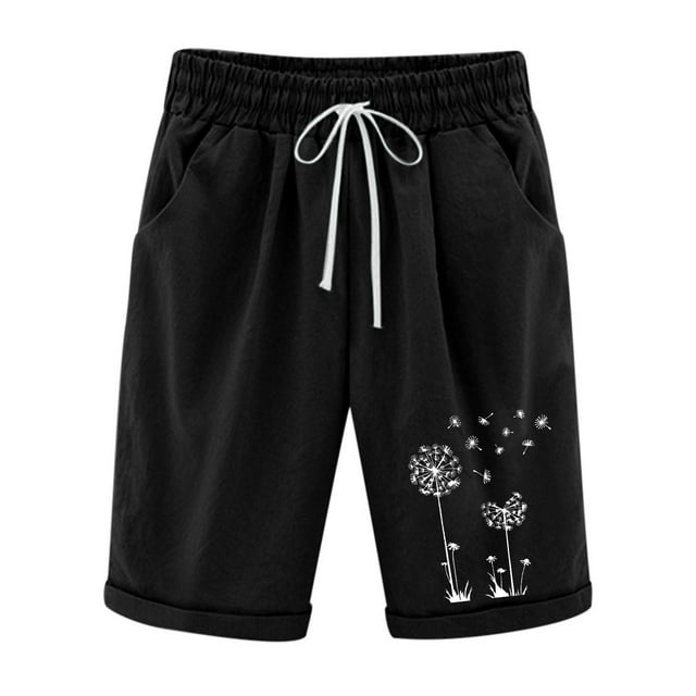 Dealovy Plus Size Shorts for Women Cotton Linen Fashion Printed Drawstring High Waisted Lounge Shorts